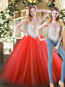 Floor Length Zipper Sweet 16 Quinceanera Dress Coral Red for Military Ball and Sweet 16 and Quinceanera with Beading