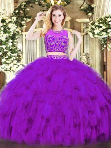 Sleeveless Floor Length Beading and Ruffles Zipper Quinceanera Dresses with Purple