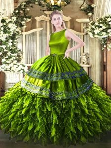 Olive Green Sleeveless Floor Length Ruffles Zipper 15th Birthday Dress