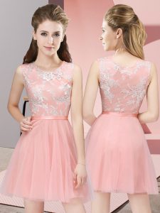 Extravagant Mini Length Baby Pink Court Dresses for Sweet 16 Tulle Sleeveless Lace