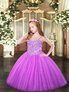Fashionable Lilac Ball Gowns Spaghetti Straps Sleeveless Tulle Floor Length Lace Up Appliques Pageant Dress for Womens