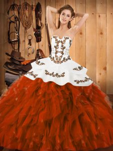 Sleeveless Floor Length Embroidery and Ruffles Lace Up 15 Quinceanera Dress with Rust Red
