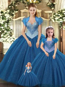 Floor Length Lace Up 15th Birthday Dress Teal for Military Ball and Sweet 16 and Quinceanera with Beading