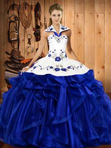 Most Popular Royal Blue Halter Top Lace Up Embroidery and Ruffles Sweet 16 Dresses Sleeveless