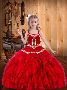 Beauteous Red Lace Up Straps Embroidery and Ruffles Little Girls Pageant Gowns Organza Sleeveless