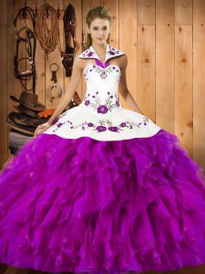 Clearance Embroidery and Ruffles Sweet 16 Dress Fuchsia Lace Up Sleeveless Floor Length