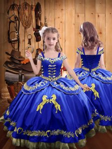 Cute Satin Off The Shoulder Sleeveless Lace Up Beading and Embroidery Child Pageant Dress in Royal Blue