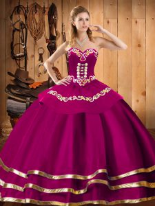Top Selling Sweetheart Sleeveless 15 Quinceanera Dress Floor Length Embroidery Fuchsia Organza
