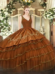 Romantic Floor Length Brown Quinceanera Dresses V-neck Sleeveless Zipper