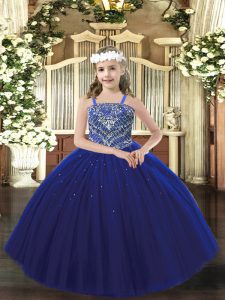 Cute Floor Length Lace Up Child Pageant Dress Royal Blue for Party and Quinceanera with Beading