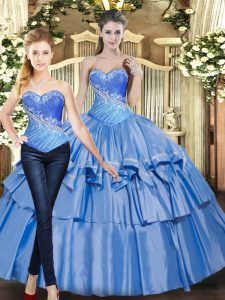 Flirting Baby Blue Sleeveless Tulle Lace Up Quinceanera Gowns for Military Ball and Sweet 16 and Quinceanera
