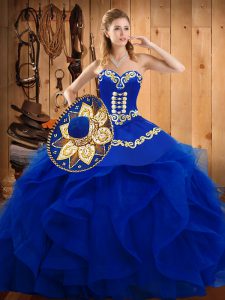 Luxury Organza Sweetheart Sleeveless Lace Up Embroidery and Ruffles 15th Birthday Dress in Blue