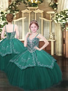 Perfect Ball Gowns Pageant Dress Dark Green Spaghetti Straps Satin and Organza Sleeveless Floor Length Lace Up