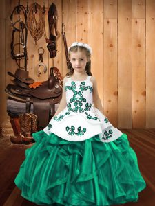Floor Length Turquoise Kids Pageant Dress Organza Sleeveless Embroidery and Ruffles
