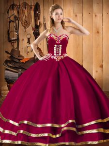 Customized Organza Sweetheart Sleeveless Lace Up Embroidery and Ruffles Sweet 16 Dress in Wine Red