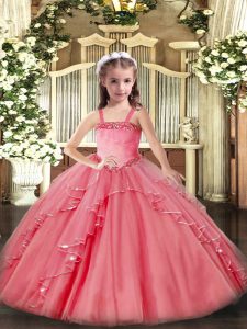 Appliques and Ruffles Little Girls Pageant Dress Watermelon Red Lace Up Sleeveless Floor Length