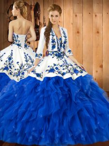 Fitting Ball Gowns 15th Birthday Dress Blue Sweetheart Satin and Organza Sleeveless Floor Length Lace Up