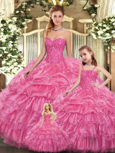 Rose Pink Ball Gowns Beading and Ruffled Layers Quince Ball Gowns Lace Up Organza Sleeveless Floor Length