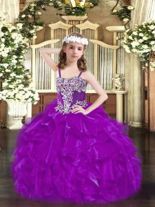 Sleeveless Organza Floor Length Lace Up Little Girl Pageant Dress in Purple with Beading and Ruffles