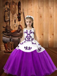 Floor Length Eggplant Purple Little Girls Pageant Gowns Organza Sleeveless Embroidery