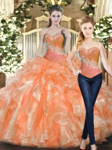 Orange Red Ball Gowns Tulle Sweetheart Sleeveless Beading and Ruffles Floor Length Lace Up Quinceanera Dresses