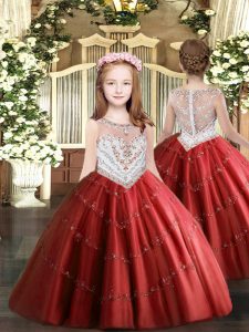 Inexpensive Red Scoop Neckline Beading and Appliques Custom Made Pageant Dress Sleeveless Zipper