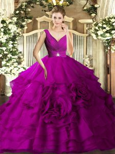 Deluxe Fuchsia Ball Gowns Organza V-neck Sleeveless Beading and Ruffles Floor Length Backless Vestidos de Quinceanera