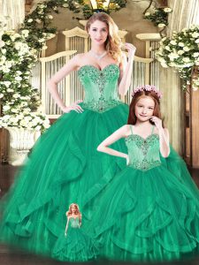 Beauteous Green Ball Gowns Beading and Ruffles Quince Ball Gowns Lace Up Tulle Sleeveless Floor Length