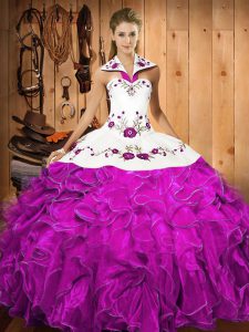 Halter Top Sleeveless 15th Birthday Dress Floor Length Embroidery and Ruffles Fuchsia Satin and Organza