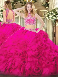 Trendy Two Pieces Quinceanera Dress Hot Pink High-neck Tulle Sleeveless Floor Length Backless