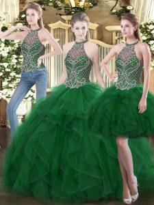 Dark Green Ball Gowns Organza High-neck Sleeveless Beading and Ruffles Floor Length Lace Up Sweet 16 Dress