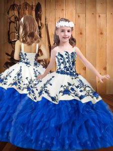 Charming Sleeveless Organza Floor Length Lace Up Pageant Dress Wholesale in Blue And White with Embroidery and Ruffles