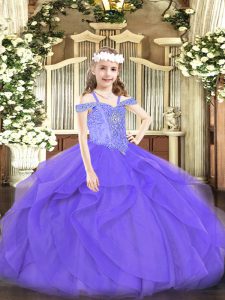 Floor Length Lace Up Little Girls Pageant Dress Wholesale Lavender for Party and Quinceanera with Beading and Ruffles