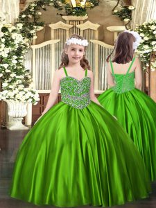 Luxurious Green Ball Gowns Straps Sleeveless Satin Floor Length Lace Up Beading Little Girls Pageant Dress Wholesale