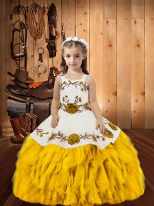 Floor Length Lace Up Little Girls Pageant Dress Wholesale Gold for Sweet 16 and Quinceanera with Embroidery and Ruffles