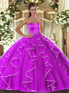 Fuchsia Ball Gowns Sweetheart Sleeveless Organza Floor Length Lace Up Beading and Ruffles Quinceanera Gown