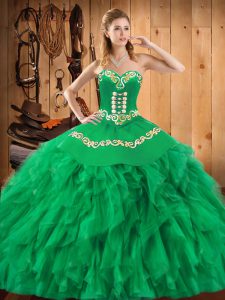 Deluxe Green Quinceanera Dress Military Ball and Sweet 16 and Quinceanera with Embroidery and Ruffles Sweetheart Sleeveless Lace Up