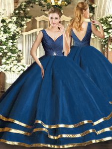 Low Price Sleeveless Floor Length Beading and Ruffled Layers Backless Vestidos de Quinceanera with Navy Blue
