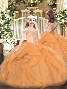 Off The Shoulder Sleeveless Girls Pageant Dresses Floor Length Beading and Ruffles Orange Tulle