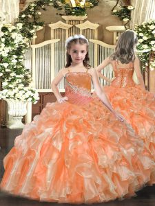 Fantastic Sleeveless Floor Length Beading and Sequins Lace Up Little Girls Pageant Gowns with Orange