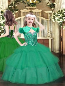 Excellent Straps Sleeveless Organza Little Girls Pageant Gowns Beading and Ruffled Layers Lace Up