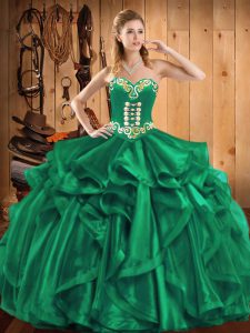Custom Designed Sleeveless Floor Length Embroidery and Ruffles Lace Up Vestidos de Quinceanera with Turquoise