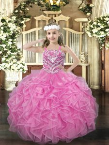 Straps Sleeveless Kids Pageant Dress Floor Length Beading and Ruffles Rose Pink Organza