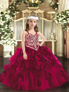 Stylish Fuchsia Ball Gowns Beading and Ruffles Little Girl Pageant Dress Lace Up Organza Sleeveless Floor Length
