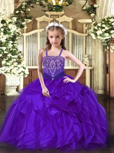 Inexpensive Straps Sleeveless Lace Up Little Girls Pageant Dress Wholesale Purple Organza