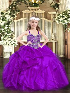 Purple Organza Lace Up Straps Sleeveless Floor Length Glitz Pageant Dress Beading and Ruffles