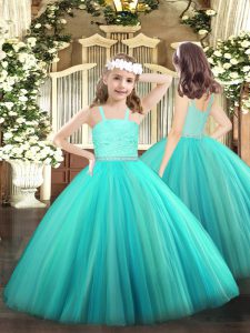 Turquoise Ball Gowns Beading and Lace Little Girls Pageant Dress Zipper Tulle Sleeveless Floor Length
