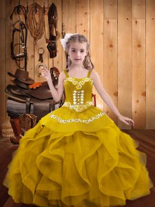 Gold Sleeveless Organza Lace Up Little Girl Pageant Dress for Party and Sweet 16 and Quinceanera and Wedding Party
