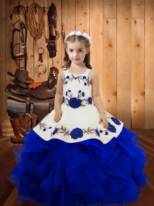 Royal Blue Tulle Lace Up Child Pageant Dress Sleeveless Floor Length Embroidery and Ruffles