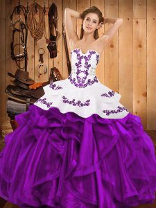 Floor Length Lace Up Quinceanera Gowns Eggplant Purple for Military Ball and Sweet 16 and Quinceanera with Embroidery and Ruffles